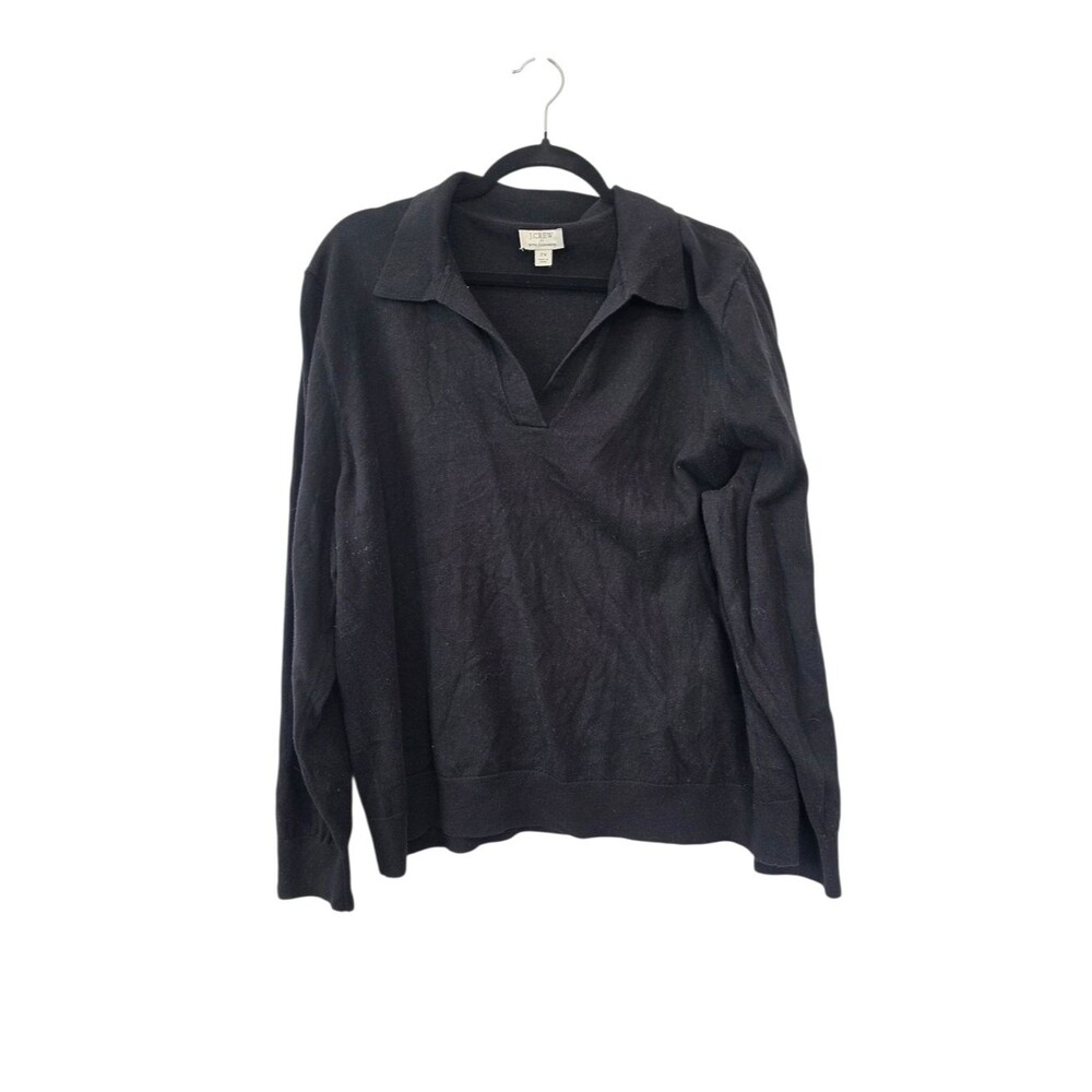 J. Crew Black Cotton Cashmere V-Neck Collared Sweater Size 2X